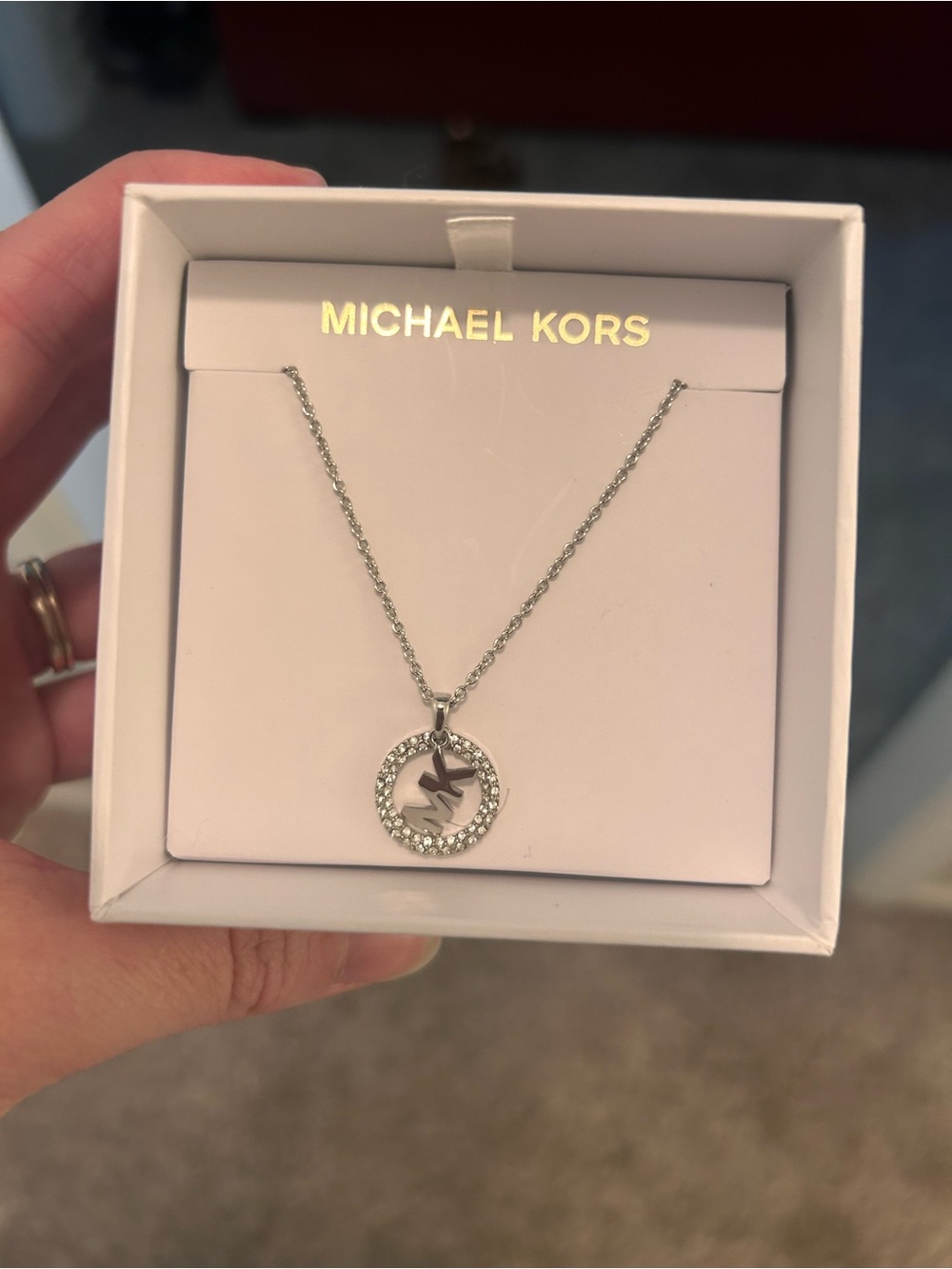 Michael Kors Silver Crystal Circle MK Logo Necklace